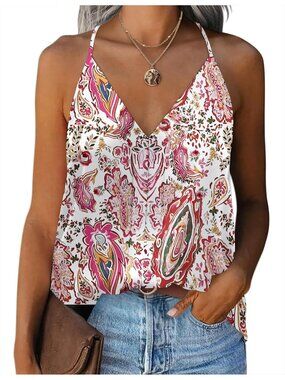 Women's White Red Sleeveless V Neck Silk Satin Causal Pull On Blouse Tank Tops